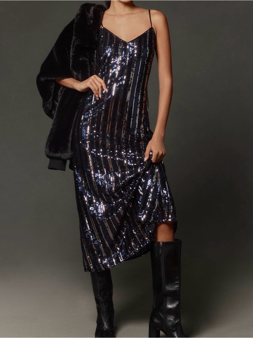 Anthropologie NWT Sequin Slip Midi Dress in Black and Navy